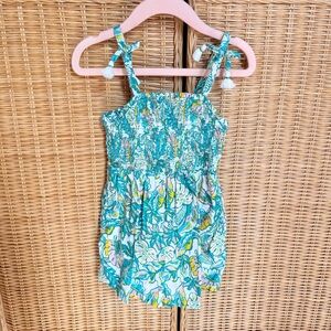 Tommy Bahama Teal Tropical Smocked romper with Pom Tie Straps